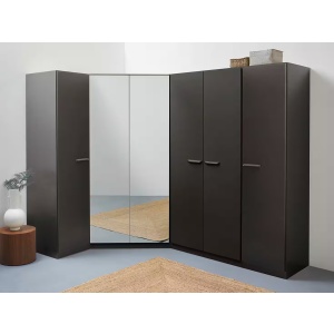 Dulap pe colț 164/253 cm, 6 uși batante, culoare gri antracit, compartimentare premium, 197 cm înălțime