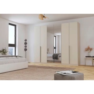 Dulap 271 cm lungime, 6 uși batante, oglindă pe mijloc, culoare cașmir, mânere negru mat, 229 cm înălțime