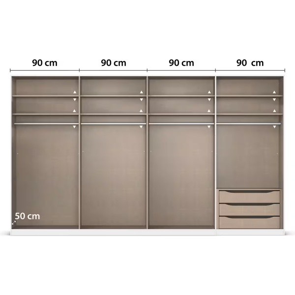 Dulap 360 cm lungime, 8 uși batante, culoare cașmir, mânere negru mat, 229 cm înălțime - imagine 6