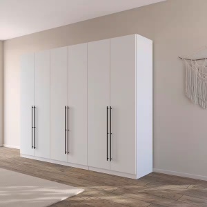 Dulap 271 cm lungime, 6 uși batante, culoare alb, mânere negru mat, 229 cm înălțime