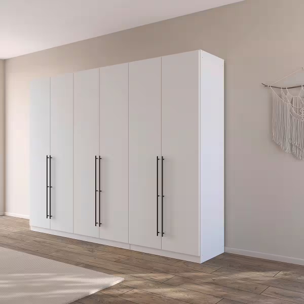 Dulap 271 cm lungime, 6 uși batante, culoare alb, mânere negru mat, 229 cm înălțime - imagine 1