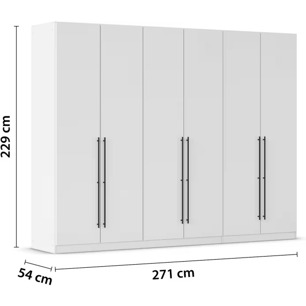 Dulap 271 cm lungime, 6 uși batante, culoare alb, mânere negru mat, 229 cm înălțime - imagine 5