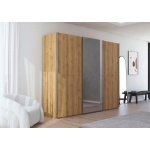 Dressing 271 cm lungime, 3 uși glisante, culoare stejar, material fronturi lemn masiv+MDF, oglindă pe mijloc, 223 cm înălțime