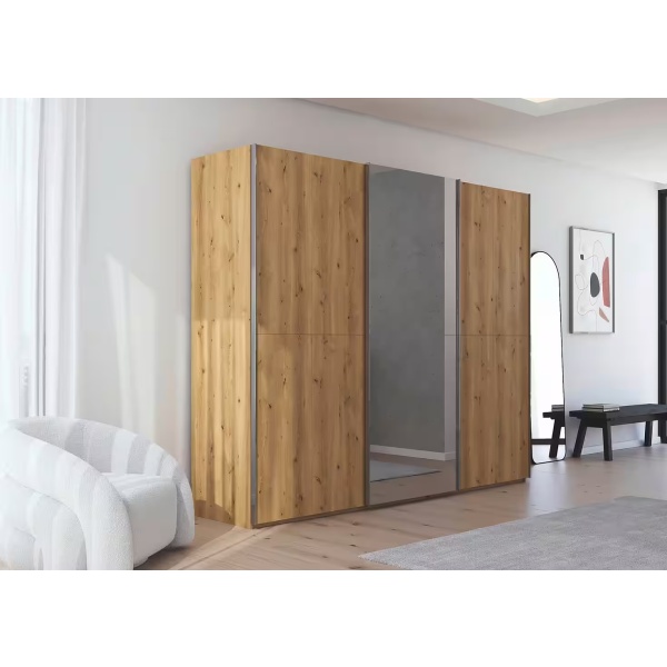 Dressing 271 cm lungime, 3 uși glisante, culoare stejar, material fronturi lemn masiv+MDF, oglindă pe mijloc, 223 cm înălțime - imagine 1