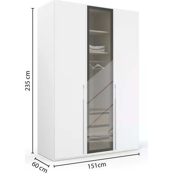 Dulap 151 cm lungime, 3 uși glisante, culoare alb, cu ușa din sticlă, compartimentare premium, 235 cm înălțime - imagine 9