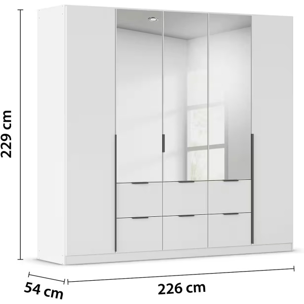 Dulap 226 cm lungime, 5 uși batante, 6 sertare, culoare alb, mânere negre mat, 229 cm înălțime - imagine 4