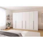 Dulap 315 cm lungime, 7 uși batante, culoare alb, mânere negre mat, 210 cm înălțime