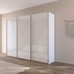 Dressing 271 cm lungime, 3 uși glisante, fronturi sticlă, culoare albă, 210 cm înălțime