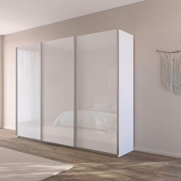 Dressing 271 cm lungime, 3 uși glisante, fronturi sticlă, culoare albă, 210 cm înălțime - imagine 1