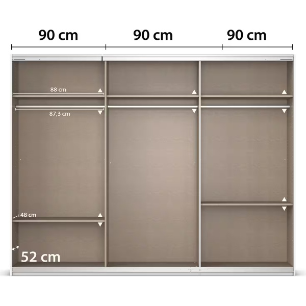 Dressing 271 cm lungime, 3 uși glisante, fronturi sticlă, culoare albă, 210 cm înălțime - imagine 8