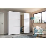 Dressing 218 cm lungime, 2 uși glisante, culoare alb, oglindă pe mijloc, 210 cm înălțime