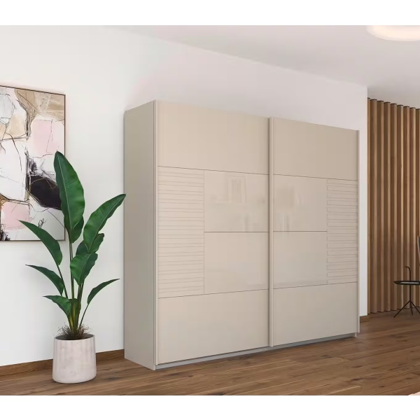 Dressing 226 cm lungime, 2 uși glisante, culoare cașmir, fronturi sticlă, 210 cm înălțime - imagine 1