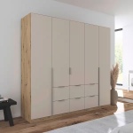 Dulap 226 cm lungime, 5 uși batante, 6 sertare, culoare cașmir-stejar, 210 cm înălțime
