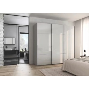 Dressing 242 cm lungime, 3 uși glisante, fronturi sticlă, culoare gri mătase, 223 cm înălțime