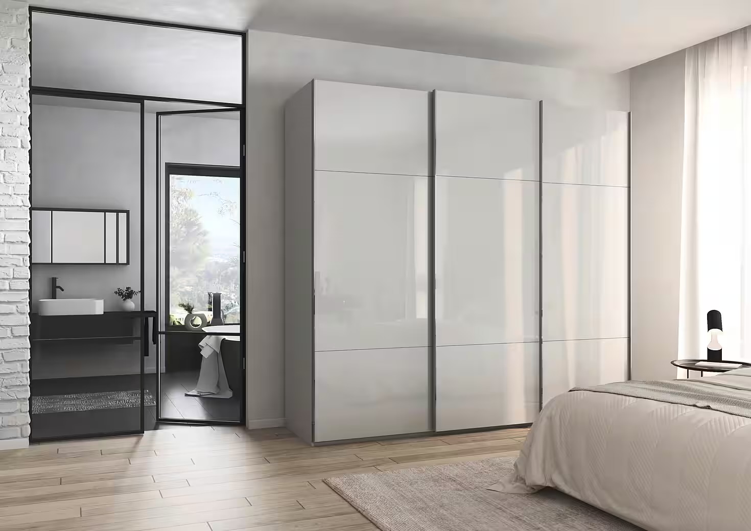 IMG_6063 Dressing 242 cm lungime, 3 uși glisante, fronturi sticlă, culoare gri mătase, 223 cm înălțime - imagine 1