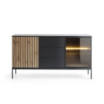 Comodă Premium ~Elysée~ fronturi MDF, iluminare LED, sistem push-to-open, finisaj negru cu stejar, picioare negru mat - imagine 2