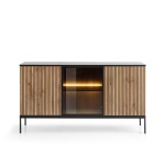 Comodă Premium ~Elysée~ fronturi MDF, sticlă fumurie, iluminare LED, sistem push-to-open, finisaj negru cu stejar, picioare negru mat - imagine 2