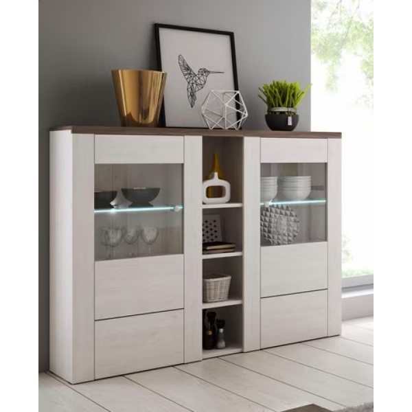 Comoda înaltă, 155 cm lățime, 2 uși cu sticlă, culoare gri-maro, 130 cm înălțime - imagine 1