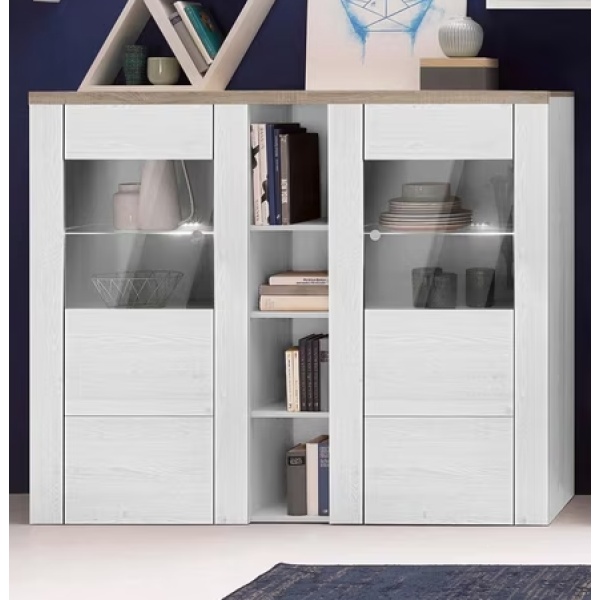 Comoda înaltă, 155 cm lățime, 2 uși cu sticlă, culoare gri-maro, 130 cm înălțime - imagine 2