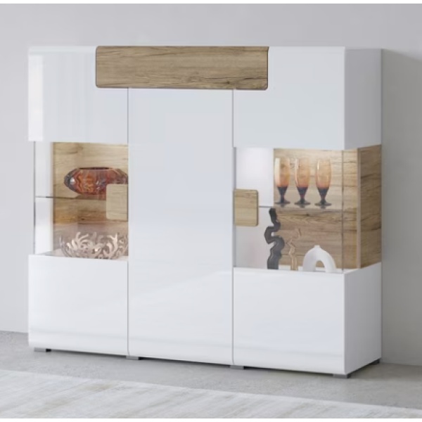 Comodă înaltă, 147,5 cm lățime, culoare alb-lucios/stejar  , 132 cm înălțime - imagine 1