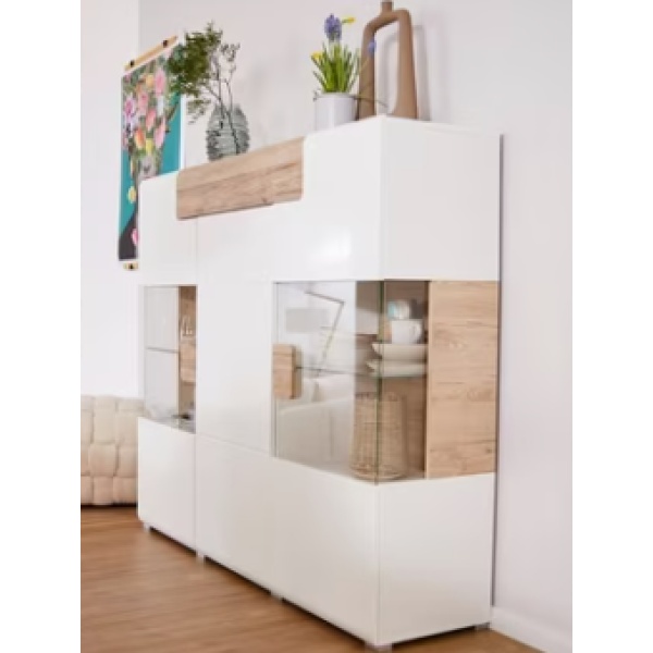 Comodă înaltă, 147,5 cm lățime, culoare alb-lucios/stejar  , 132 cm înălțime - imagine 2