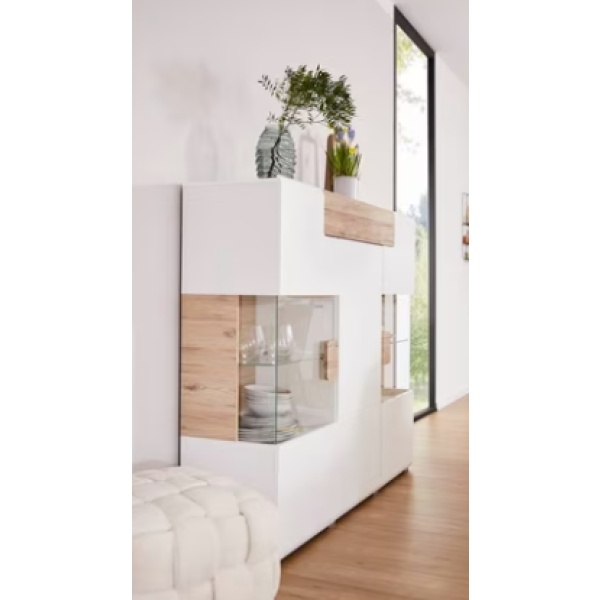Comodă înaltă, 147,5 cm lățime, culoare alb-lucios/stejar  , 132 cm înălțime - imagine 3