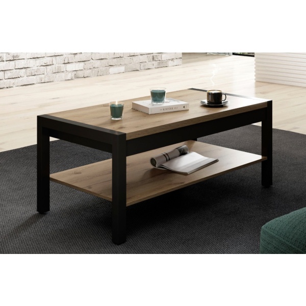 Masă de cafea cu raft, 120 cm lățime, culoare stejar/negru, 48 cm înălțime - imagine 1
