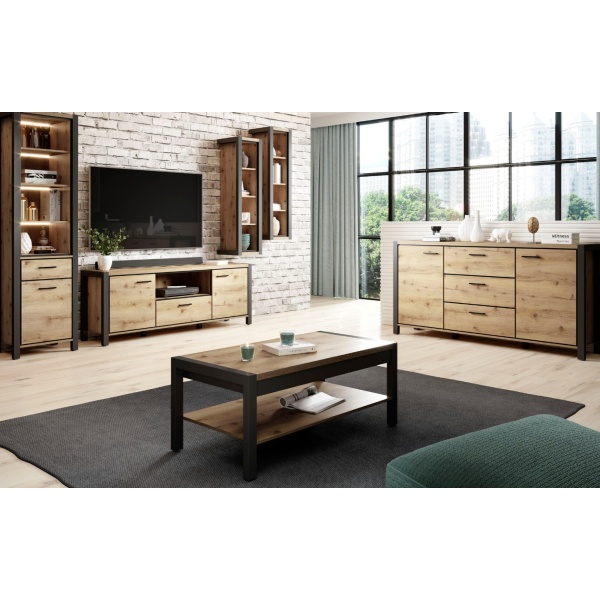 Masă de cafea cu raft, 120 cm lățime, culoare stejar/negru, 48 cm înălțime - imagine 2