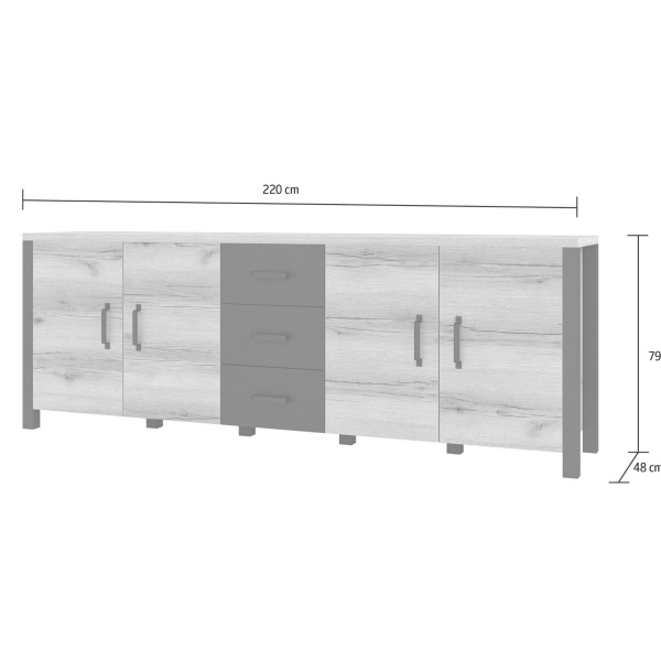 Bufet, 220 cm lățime, culoare negru/stejar închis, 79 cm înălțime - imagine 5