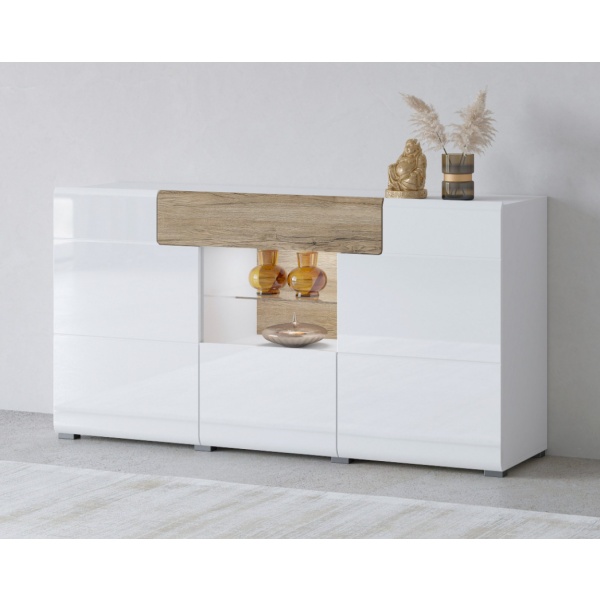 Bufet, 159 cm lățime, culoare alb/stejar, 83,4 cm înălțime - imagine 1