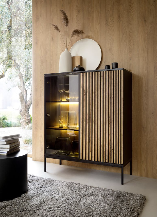 Screenshot 2025-10-31 131333 Vitrină Premium ~Elysée~ fronturi MDF, iluminare LED, sistem push-to-open, finisaj negru cu stejar, picioare negru mat - imagine 1