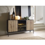 Comodă Premium ~Elysée~ fronturi MDF, sticlă fumurie, iluminare LED, sistem push-to-open, finisaj negru cu stejar, picioare negru mat