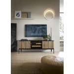 Comodă TV Premium ~Elysée~ fronturi MDF, iluminare LED, sistem push-to-open, finisaj negru cu stejar, picioare negru mat