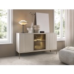 Comodă Premium ~Elysée~ fronturi MDF, sticlă fumurie, iluminare LED, sistem push-to-open, finisaj cashmere mat, picioare auriu satinat