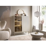 Vitrină Înaltă Premium ~Elysée~ fronturi MDF, sticlă fumurie, iluminare LED, sistem push-to-open, finisaj cashmere mat, picioare auriu satinat