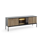 Comodă TV Premium ~Elysée~ fronturi MDF, iluminare LED, sistem push-to-open, finisaj negru cu stejar, picioare negru mat - imagine 3