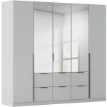 Dulap 226 cm lățime, 5 uși batante cu oglindă și 6 sertare, culoare gri mătase, mânere negre mat, 229 cm înălțime, 5 rafturi și 3 bare haine, compartimentare practică pentru dormitor - imagine 4