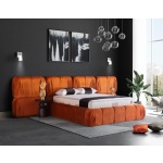 Pat ~AVVENTO~ tip boxspring, ladă de depozitare, structură metalică, saltea premium, aripioare laterale elegante, design sculptural, material catifelat, culoare cărămiziu-portocaliu - imagine 2