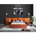 Pat ~AVVENTO~ tip boxspring, ladă de depozitare, structură metalică, saltea premium, aripioare laterale elegante, design sculptural, material catifelat, culoare cărămiziu-portocaliu