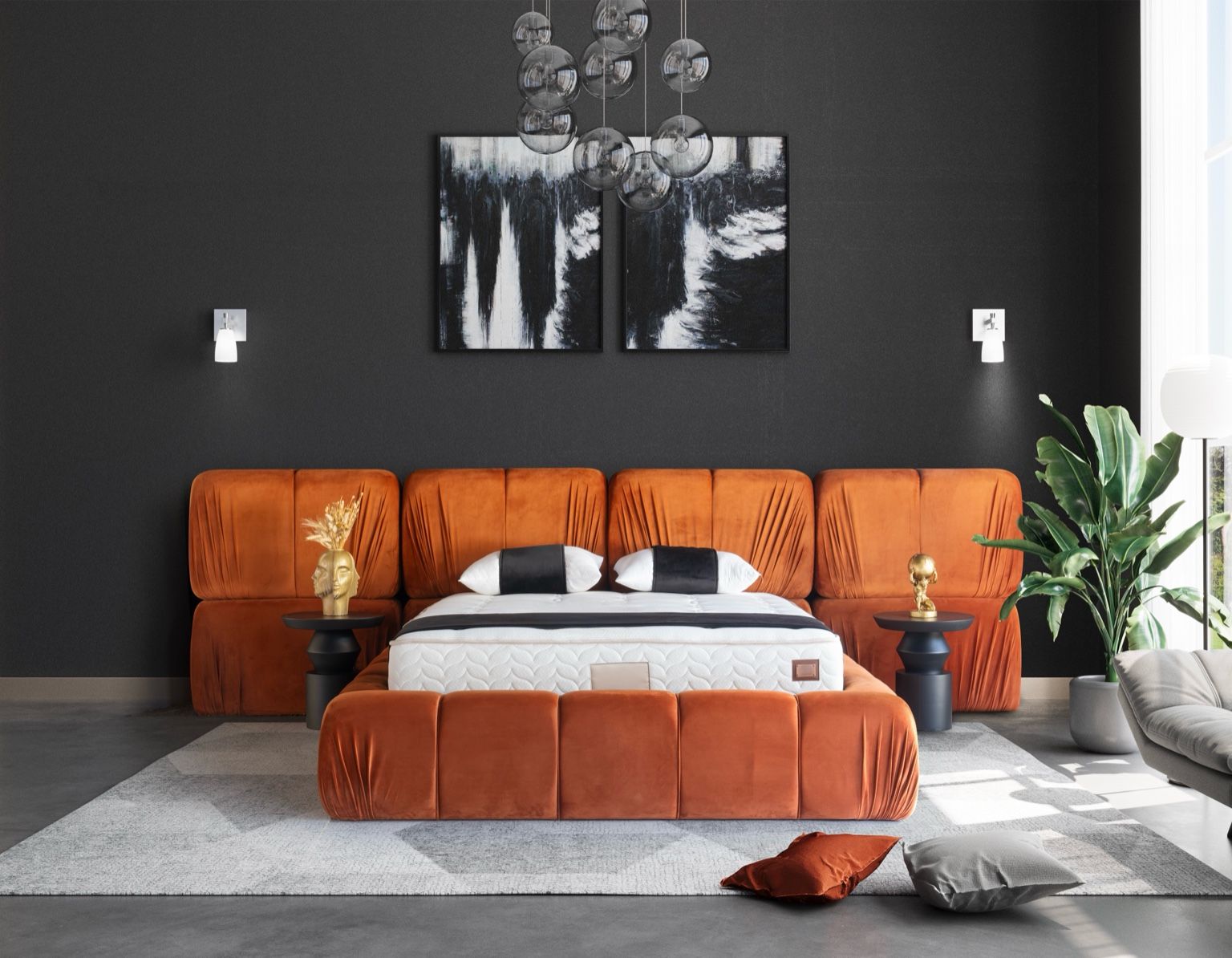 IMG_6190 Pat ~AVVENTO~ tip boxspring, ladă de depozitare, structură metalică, saltea premium, aripioare laterale elegante, design sculptural, material catifelat, culoare cărămiziu-portocaliu - imagine 1