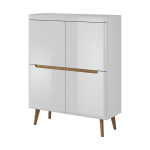 Comodă înaltă ~DOLOMITES~ fronturi MDF, 107 cm lățime, finisaj alb lucios cu inserții de stejar, picioare din lemn masiv