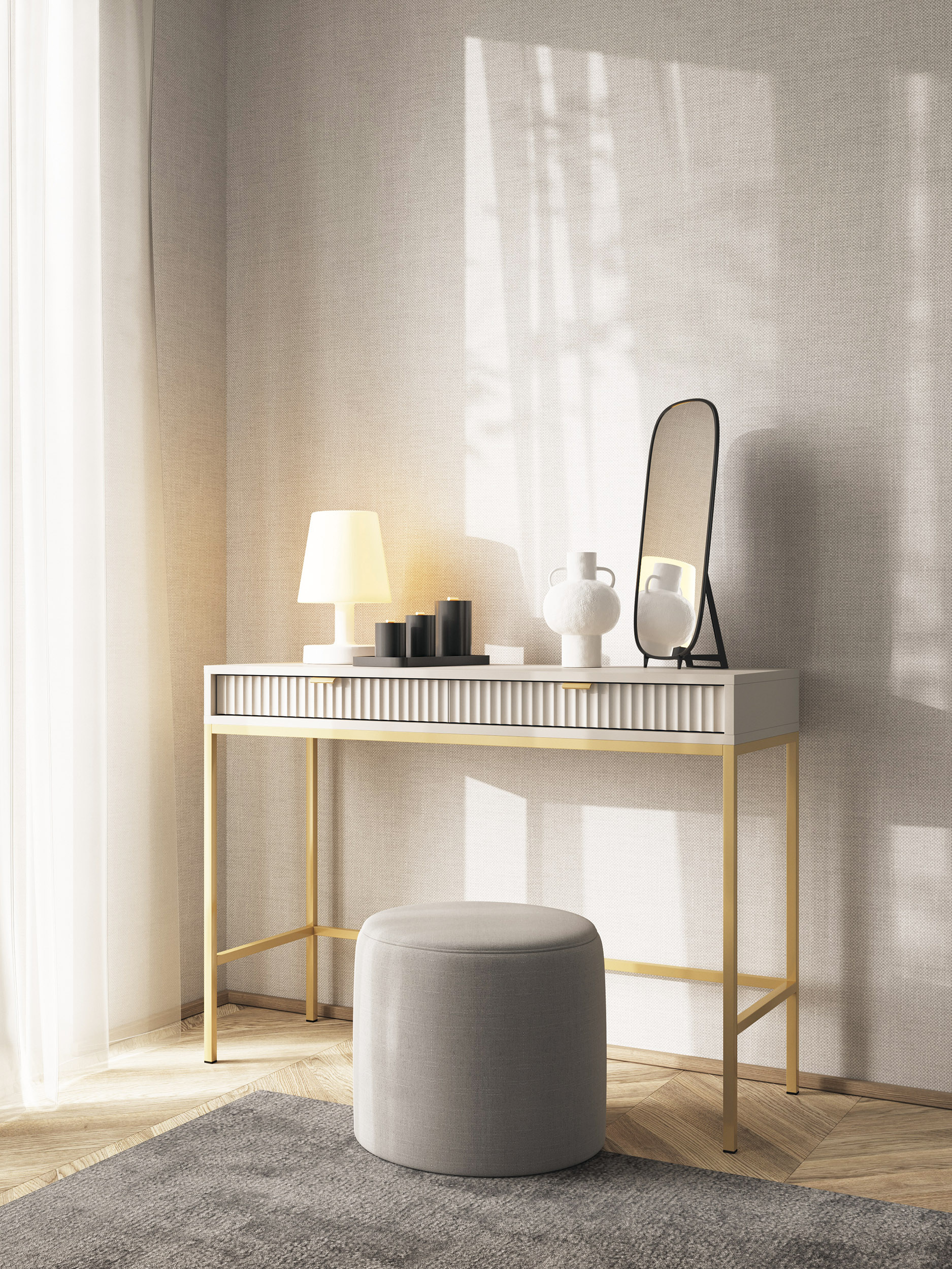 Nova_kaszmir_zloty_aranz_toaletka_wer_II_3x4 Consolă Premium ~Lusso~ 2 sertare, front MDF canelat, finisaj cashmere mat, cadru și picioare metalice aurii - imagine 1