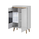 Vitrină living modernă 90 cm cu uși și rafturi, iluminare LED, MDF și PAL, alb lucios cu inserții stejar, picioare lemn masiv DOLOMITES - imagine 2