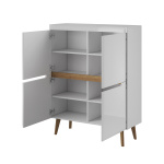 Comodă înaltă ~DOLOMITES~ fronturi MDF, 107 cm lățime, finisaj alb lucios cu inserții de stejar, picioare din lemn masiv - imagine 2