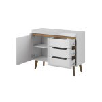 Comodă ~DOLOMITES~ fronturi MDF, 107 cm lățime, finisaj alb lucios cu inserții de stejar, picioare din lemn masiv - imagine 2