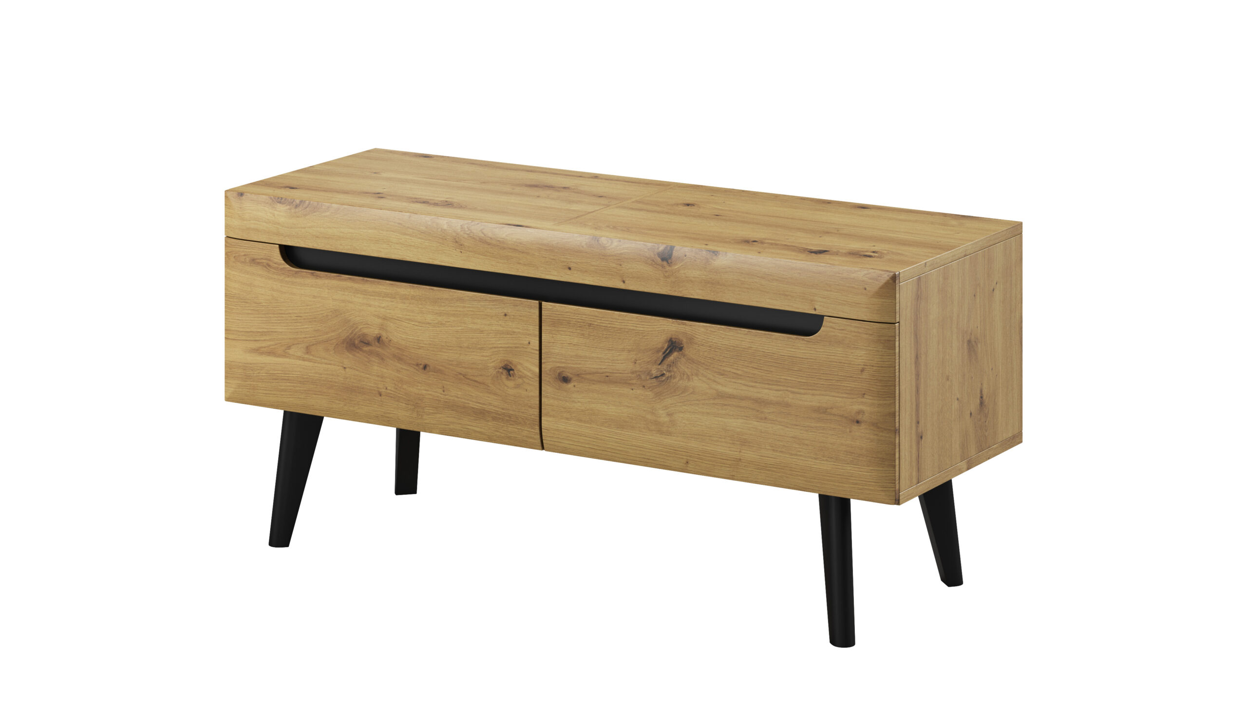 Piaski 19 01 08 Nordi Artisan 2 Comodă TV ~DOLOMITES~ fronturi MDF, 107 cm lățime, finisaj stejar cu inserții negre, picioare din lemn masiv negre mat - imagine 1