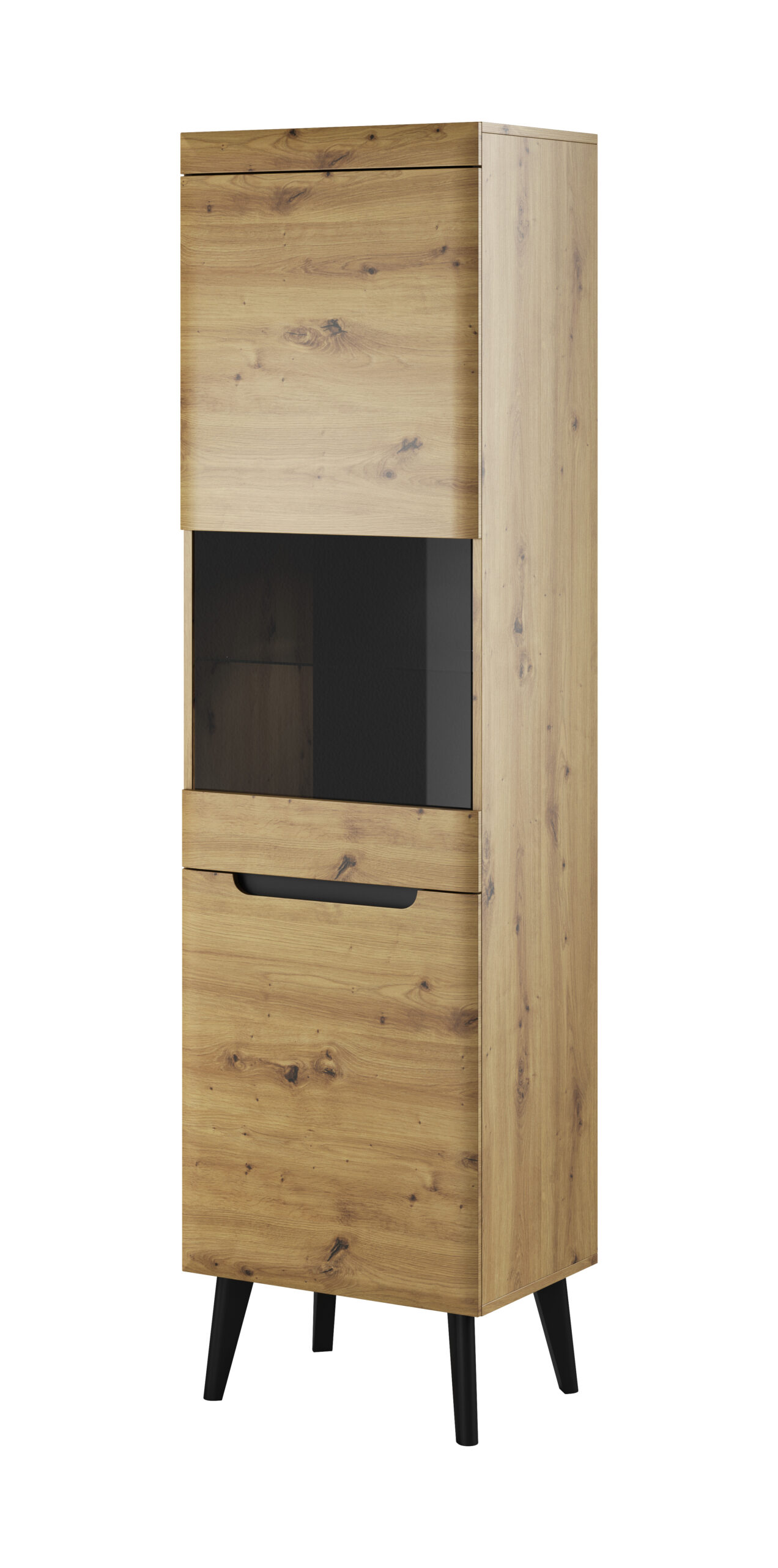 Piaski 19 01 08 Nordi Artisan 5 Vitirnă ~DOLOMITES~ fronturi MDF, iluminare LED, 53 cm lățime, finisaj stejar cu inserții negre, picioare din lemn masiv negre mat - imagine 1