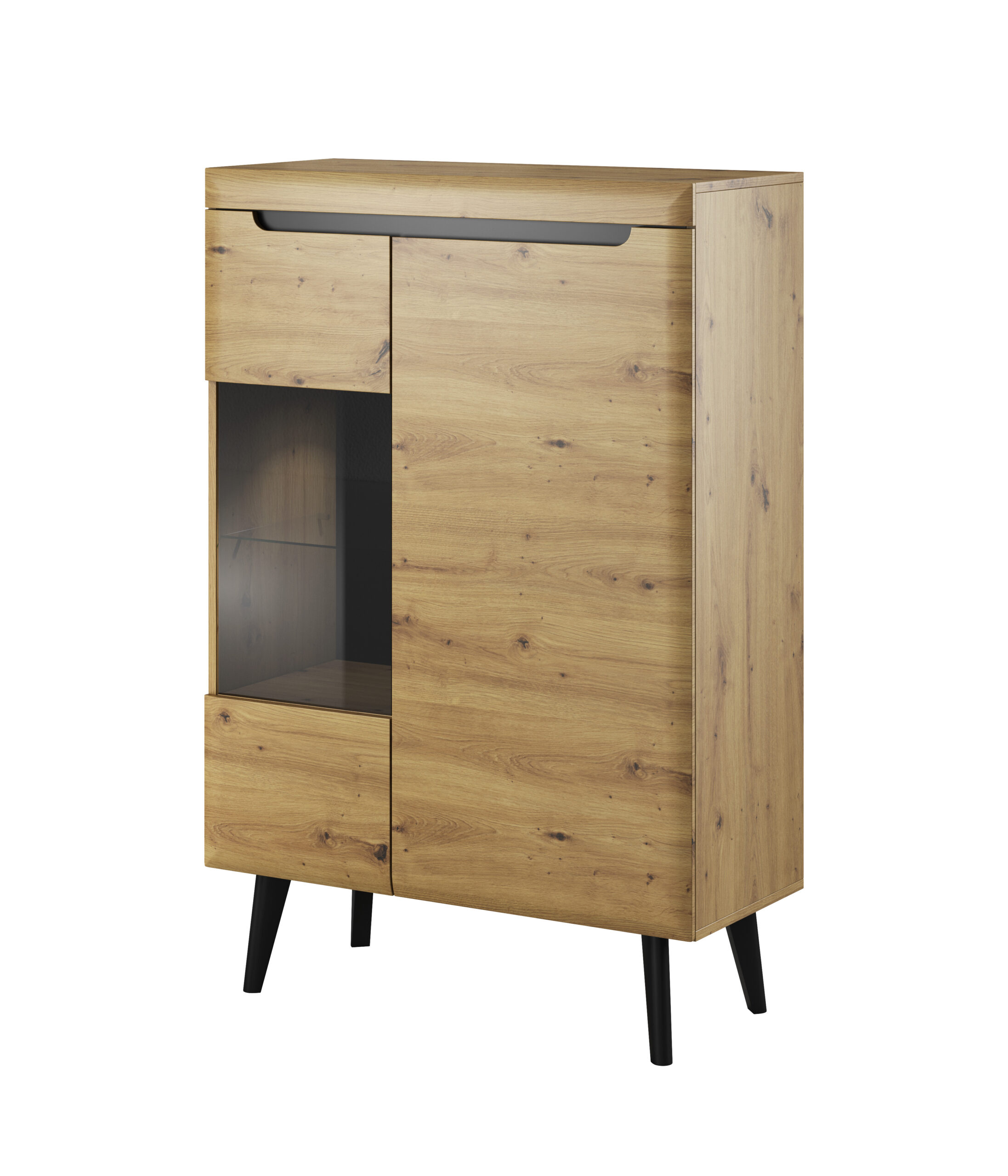 Piaski 19 01 08 Nordi Artisan 6 Vitirnă ~DOLOMITES~ fronturi MDF, iluminare LED, 90 cm lățime, finisaj stejar cu inserții negre, picioare din lemn masiv negre mat - imagine 1