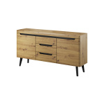 Comodă ~DOLOMITES~ fronturi MDF, 160 cm lățime, finisaj stejar cu inserții negre, picioare din lemn masiv negre mat - imagine 2