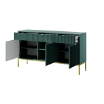 Comodă Premium ~Lusso~ 3 uși, 3 sertare, fronturi MDF canelate, finisaj verde smarald, detalii și picioare metalice aurii - imagine 4